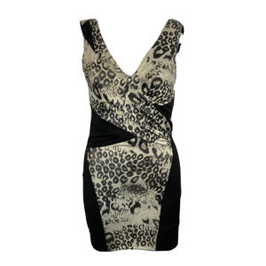 Nikibiki Dress‎ Womens Sz S Black Beige Leopard Wrap Stretch V-Neck Bodycon Mini